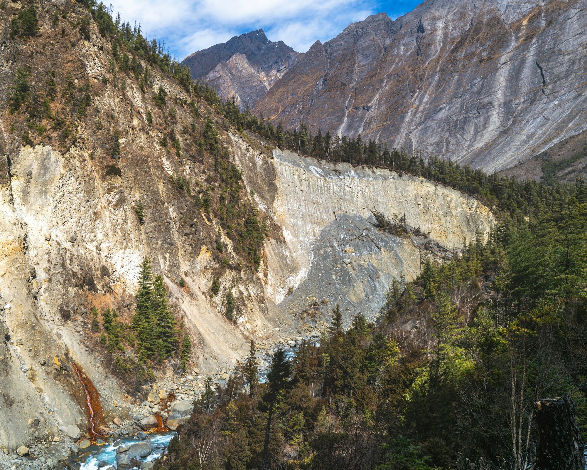 Layered rock faces above a glacial river, showing exposed strata