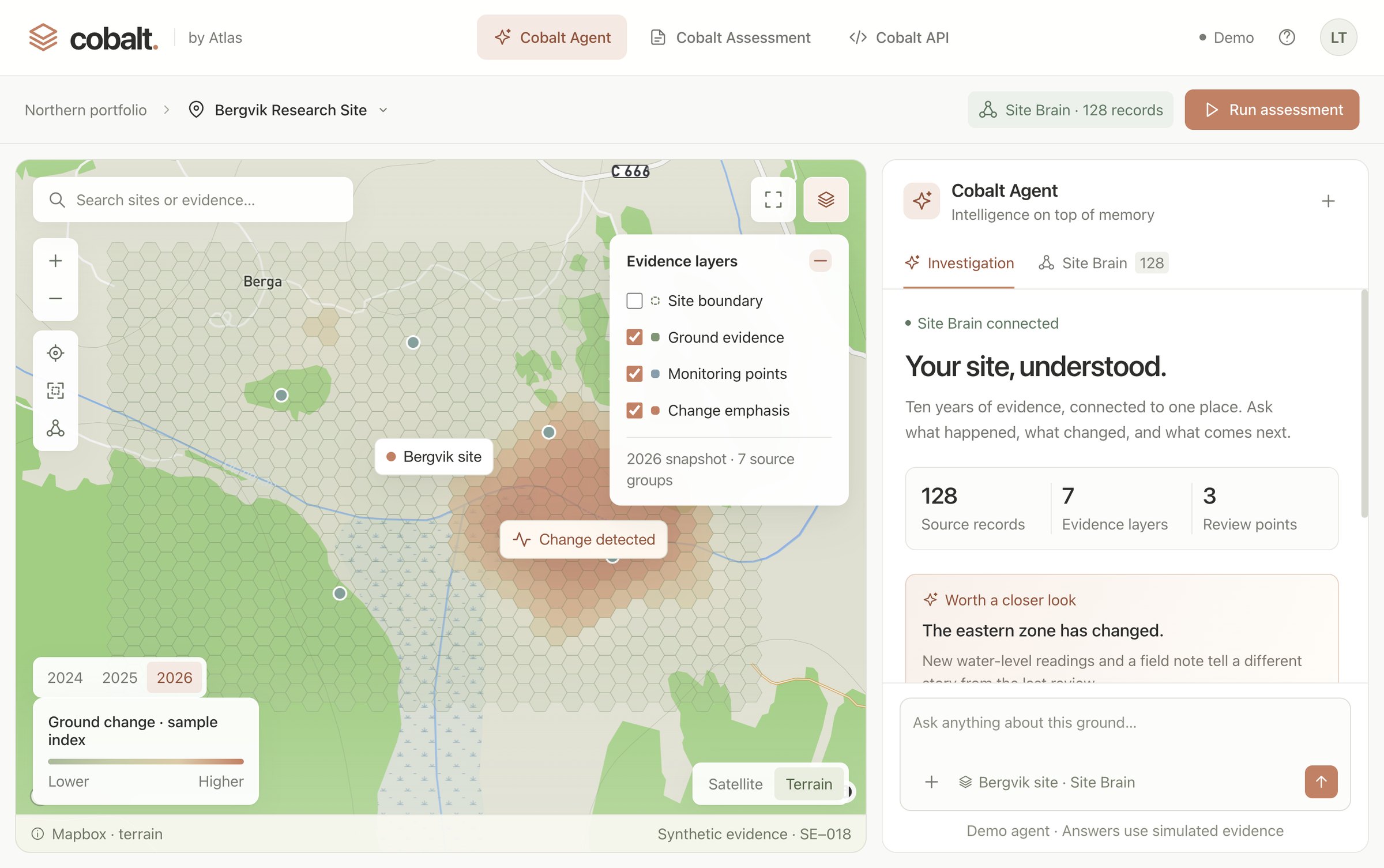 Atlas Memory showing a site map with evidence layers and the Memory agent summarising what changed at the site